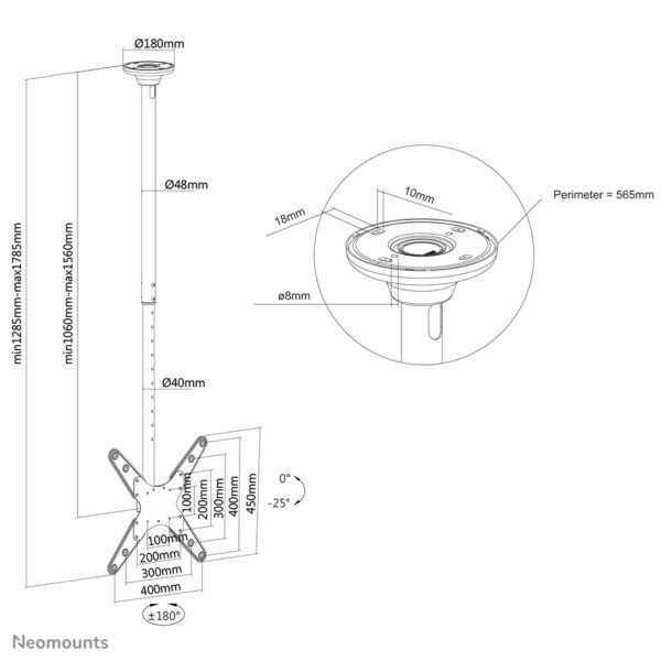 Soporte de techo Neomounts FPMA-C340DBLACK para pantallas de hasta 75"